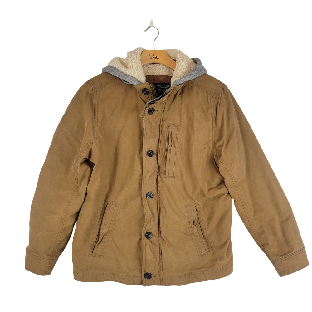 American Eagle Utility Jacket Coat Tan Brown Size Large Hoooded
